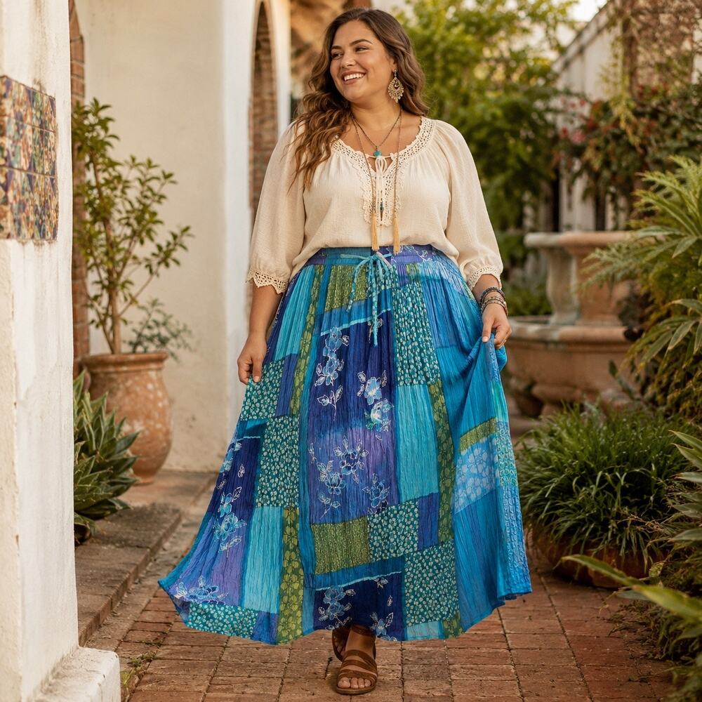 Phool Patchwork Boho Maxi Skirt Sz XL Hippie Festival Crinkly Lagenlook Blue